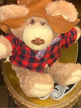 Plush Brown Bear in Red Plaid Shirt and Brown Hat - Kids Stuffed Animal